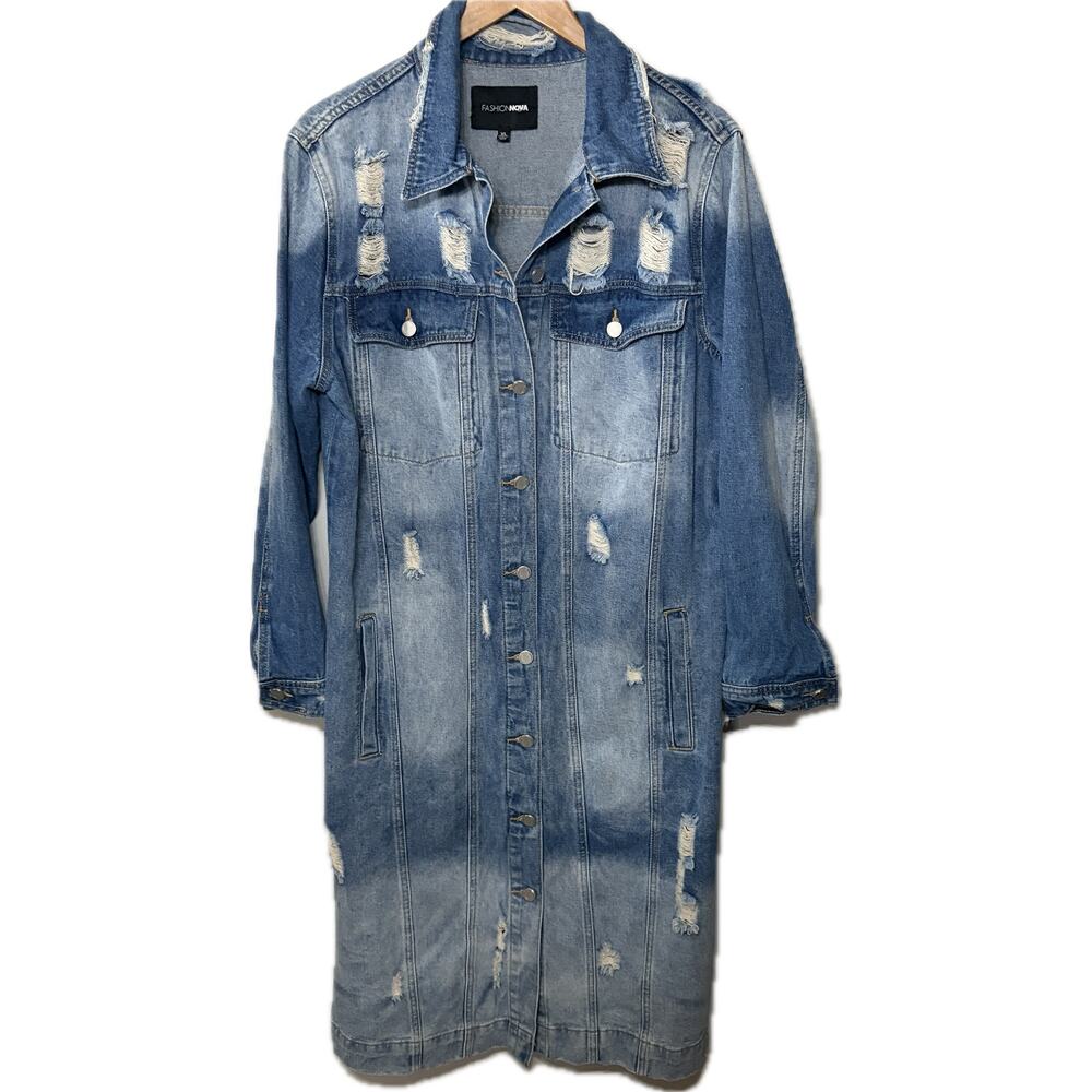 Fashion Nova Jacket Denim Distressed Blue Destroyed Long Line Button Up Boho XL